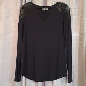 Black Long-Sleeve Top with Lace Shoulder Caps
